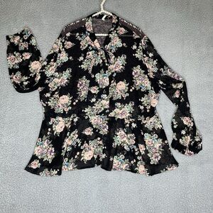 Truth NYC Blouse Womens 3X Black Floral Peplum Long Sleeve Sheer Lace Romantic